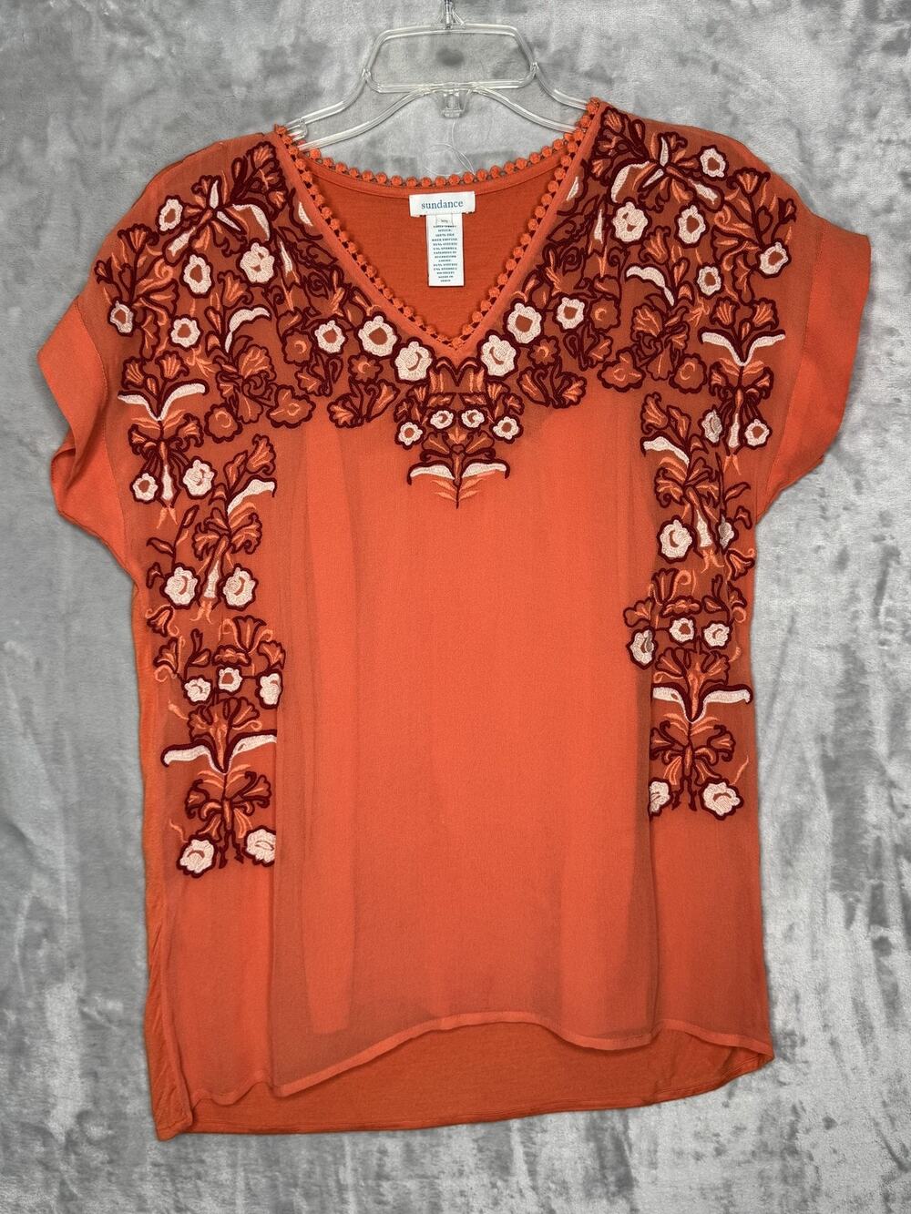 Sundance Tunic Top Womens XS Orange Floral Embroidered V Neck Silk Boho 2 Piece